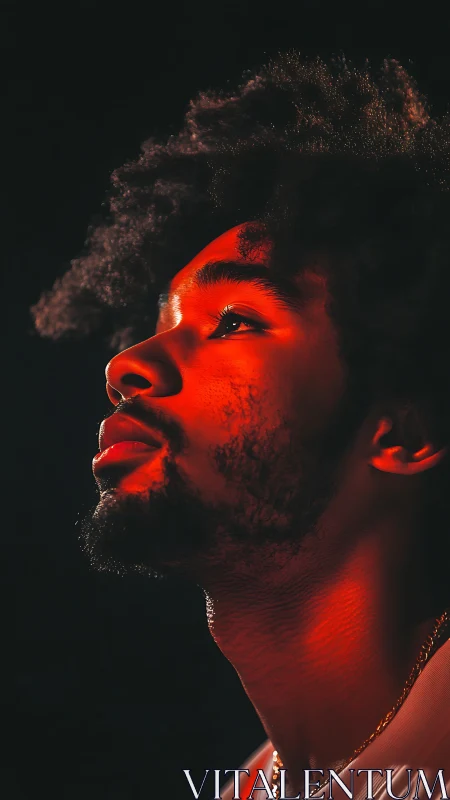 Dramatic side profile portrait in bold red lighting.