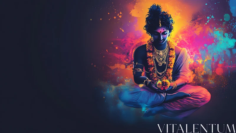 Digital rendering shows seated figure amid neon color field