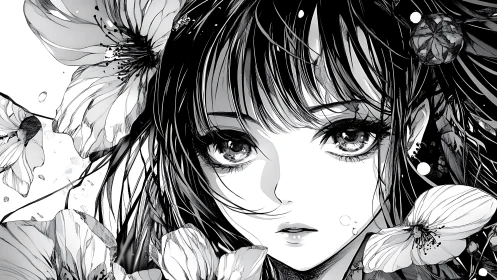 Monochrome anime girl gazes through blooming flowers quietly.