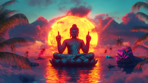 Rebel Buddha at neon sunset blessing a tropical dreamscape.
