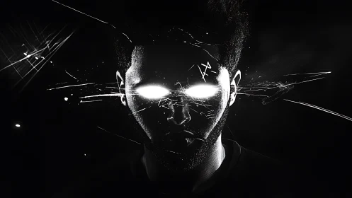 Glowing eyed silhouette with fracturing light shards in void.