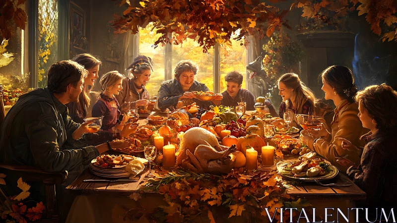 Multigenerational autumn feast around candlelit harvest table
