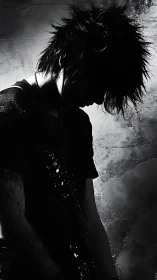Brooding guitarist silhouette leans into raw monochrome light