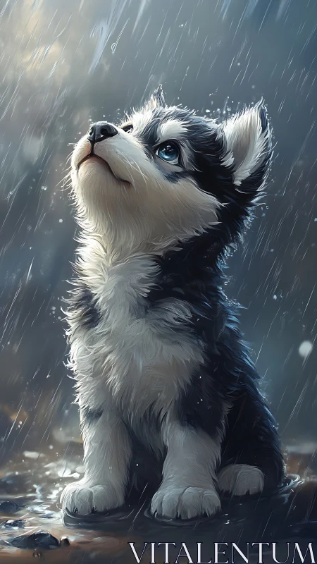 Digital husky puppy render sits in rainfall with wet fur