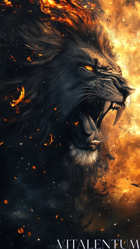 Roaring infernal lion head in dynamic flame and ember field