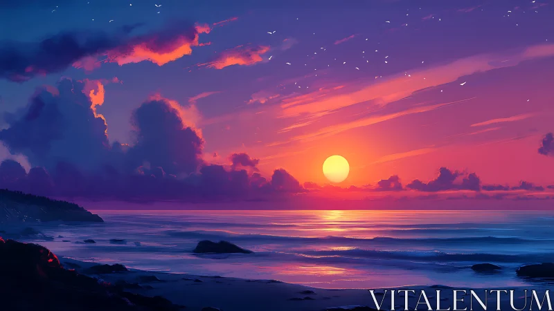 Vibrant digital seascape renders a neon-lit twilight sunset
