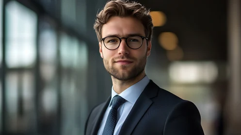 Sharp-suited young professional in softly glowing corridor.