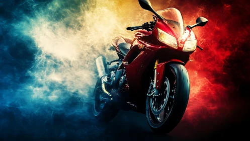 Red sport motorcycle in dynamic colored smoke scene.