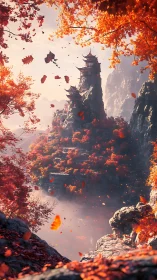 Digital painting of autumn cliffside pagodas with drifting leaves.