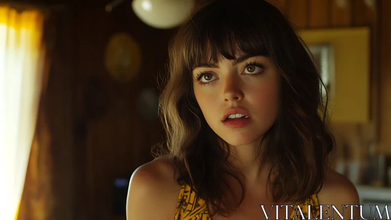 Soft window light on pensive young woman indoors portrait.