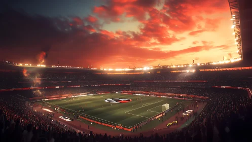Floodlit football stadium hosts match under vivid sunset sky