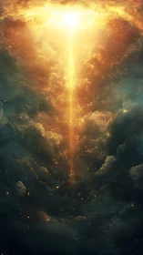 Vertical golden energy beam piercing stormy dark clouds.