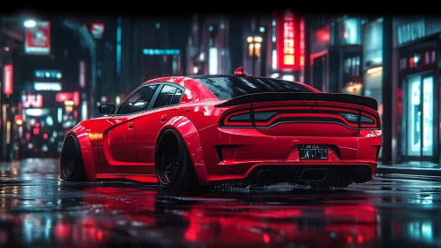 Red widebody sports car stands on wet neon city street at night