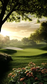 Sunrise fairway hush over emerald hills and blushing blooms.