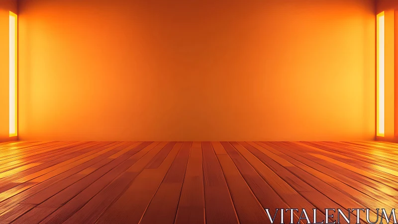 Interior scene shows illuminated orange wall and wood floor