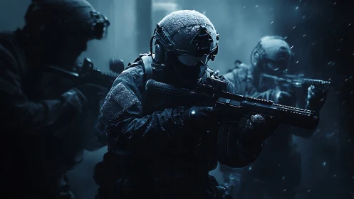 Tactical operators advance through blizzard night combat zone.
