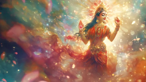 Radiant goddess in swirling cosmic light and golden petals.