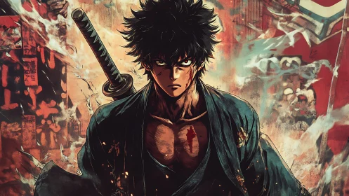 Battle-scarred anime swordsman in smoky urban chaos.