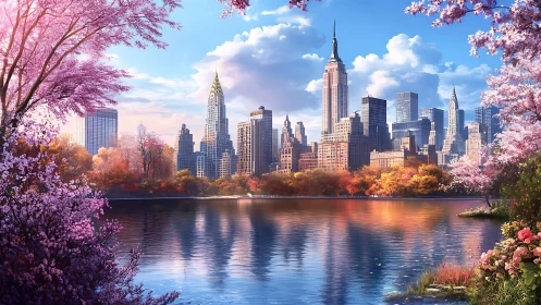 Spring blossoms crown a dreamlike skyline across quiet water.