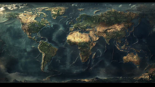 Textured world map glowing with oceans and continents.