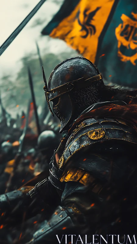 Armored knight charging beneath smoldering war banners.