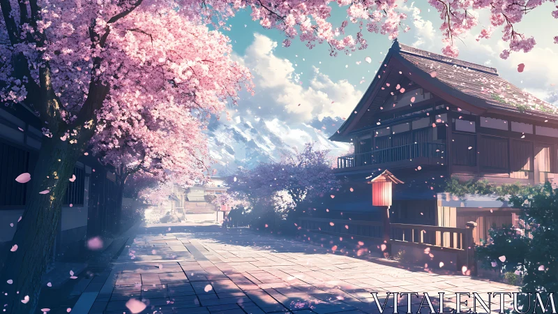 Serene spring lane beside traditional Japanese teahouse.