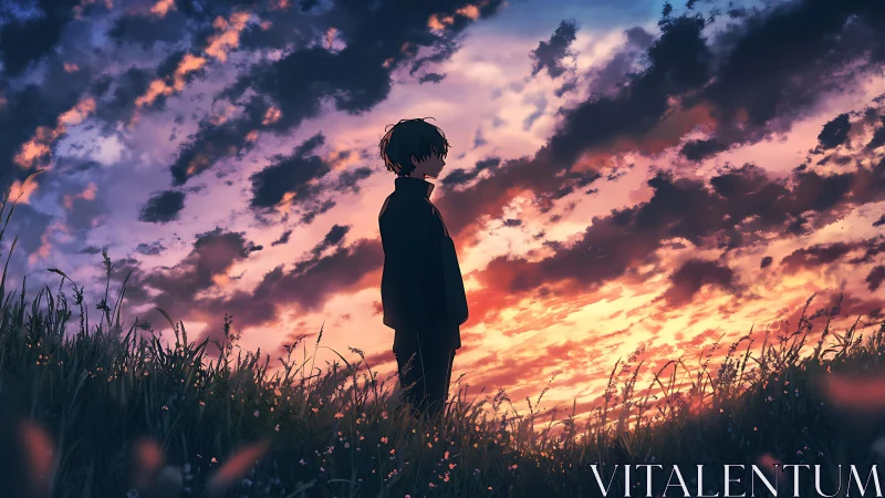 Silhouetted figure stands in tall grass against dense sunset sky