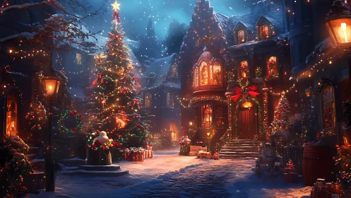 Snowy Christmas village glows under festive night sky.