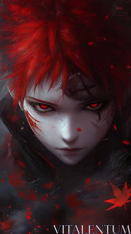 Red-eyed warrior portrait with dynamic foliage and scar patterns