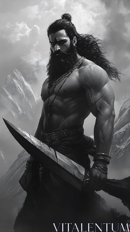 Monochrome mythic swordsman in glacial storm-lit elevation.