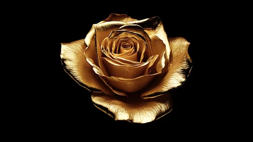 Golden metallic rose bloom on deep black background.