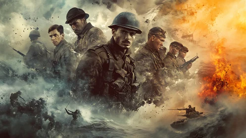 Composite WWII battlefield montage renders soldiers in turbulent chaos