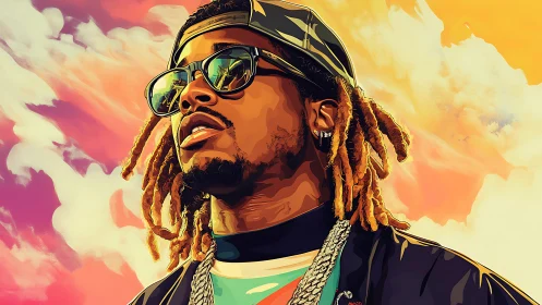 Hip hop portrait captures confident figure under neon sky