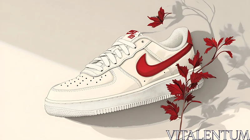 Creamy sneaker daydream with bold red swoosh and leaves.