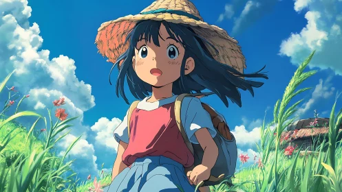 Aerodynamic anime field walk under cumuliform cloudscape.