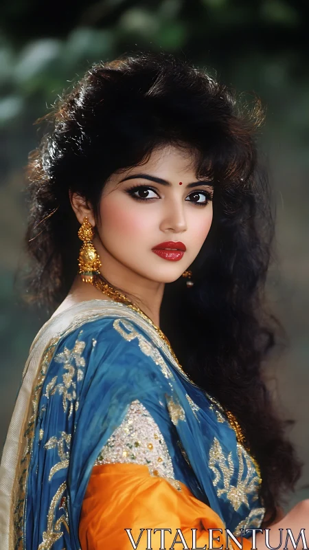 Velvet gaze in jeweled sari shimmer beneath soft bokeh glow.