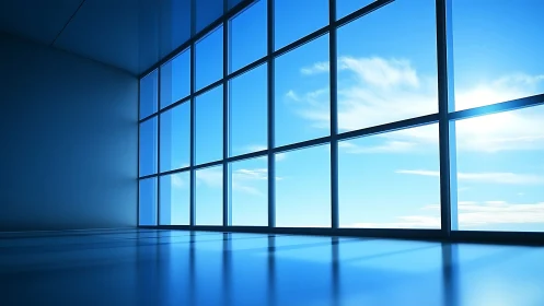Sunlit empty room with tall glass windows and blue sky.