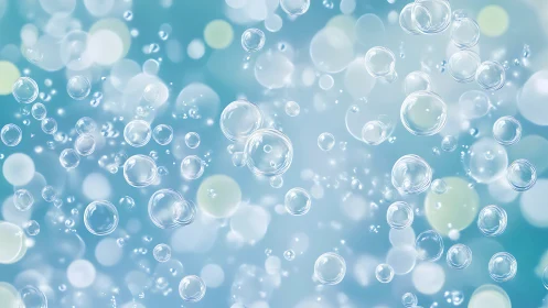 Transparent soap bubbles float over soft blue bokeh field.