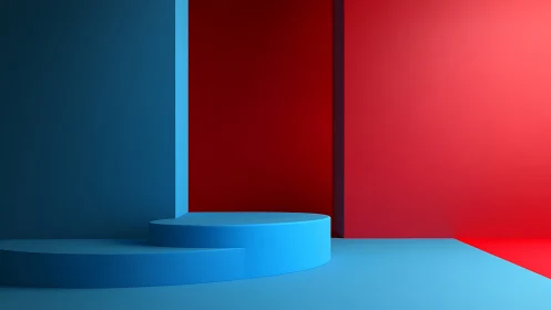 Minimalist blue podium stands against bold red walls