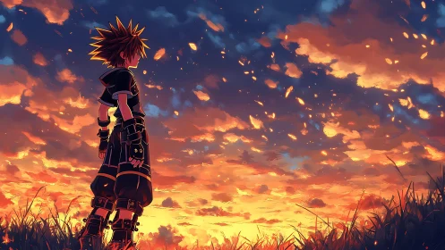 Side-view anime figure stands against dense orange sky at dusk