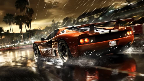 Supercar slices through rainy city street at night in motion.