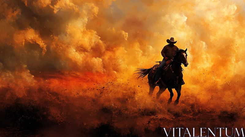 Equestrian silhouette traversing incandescent dust vortex field.