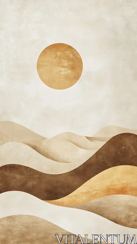Minimal landscape shows layered earth tones below circle sun