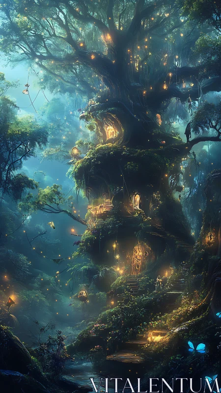 Enchanted forest treehouse glows with suspended lanterns.