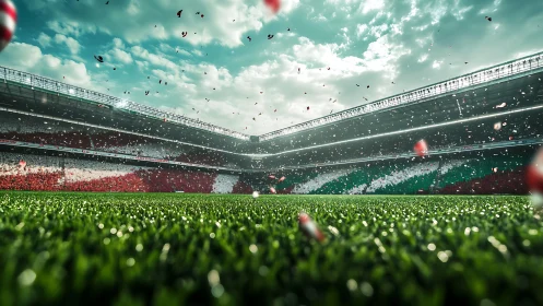 Football stadium interior with grass pitch and confetti.