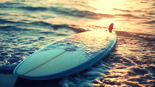 Surfboard resting in shallow coastal water at sunset.