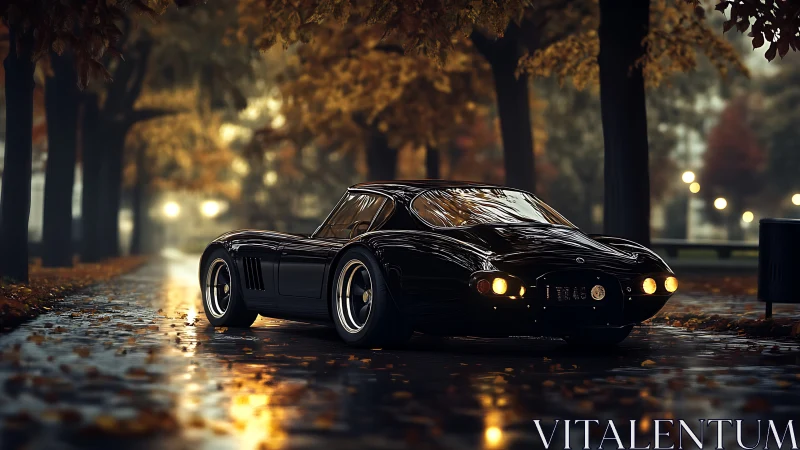Midnight coupe gliding through rain-soaked autumn hush.