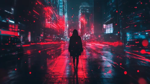 Lone walker in neon city glow on a rainy midnight street.