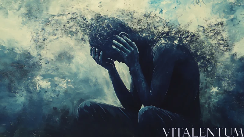 Gentle reflection in a storm of swirling blue emotions.