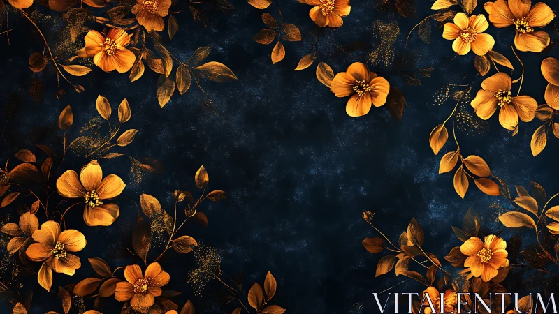 Golden botanical specimens arranged on deep indigo textured background study.